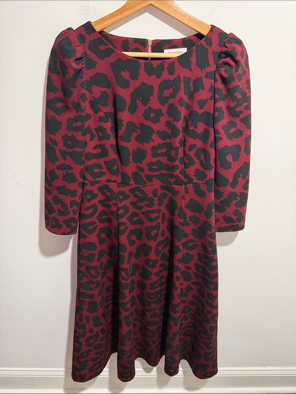 Calvin Klein Burgundy and Black Fit & Flare Leopard Midi Dress Size 4